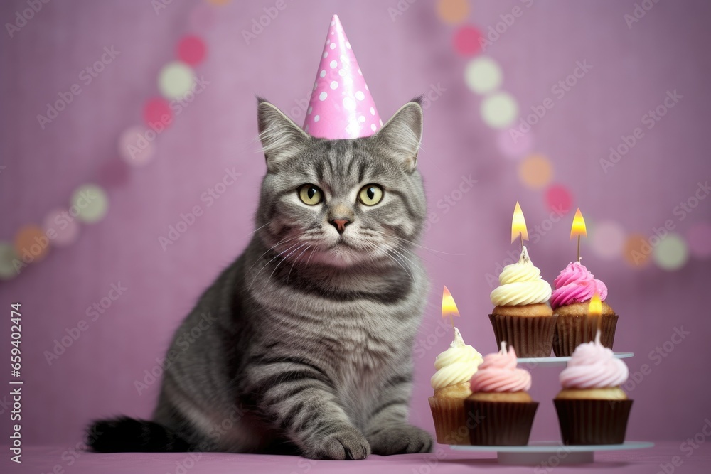 cat celebrating with a birthday cake