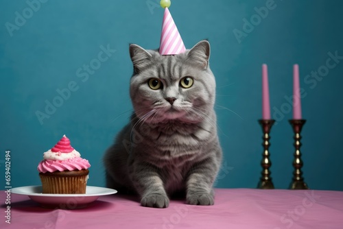 cat celebrating with a birthday cake