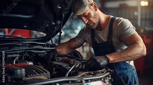 Auto mechanic working in garage. Repair service.