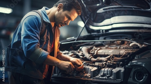 Auto mechanic working in garage. Repair service. © somneuk