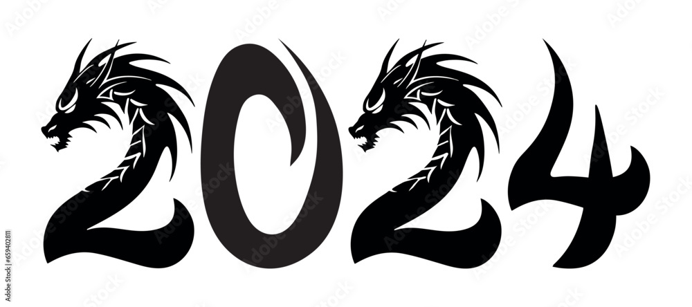 Obraz premium New Year 2024 calendar numbers with the Dragon silhouette