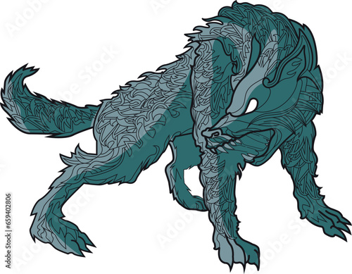 Fenrir wolf in full growth mono width lines color tattoo logo