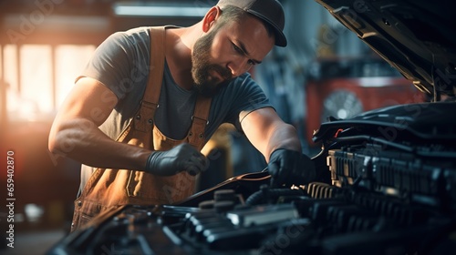 Auto mechanic working in garage. Repair service.