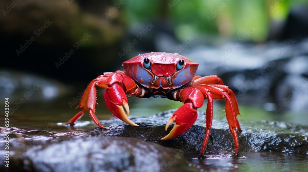 Female red land crab One of the most gorgeous fresh water crabs in the world, found solely on the island.Crabs that are also known as Fire-Red crabs or Waterfalls crabs. Female red land crab One of the most gorgeous fresh water crabs in the world, found solely on the island.Crabs that are also known as Fire-Red crabs or Waterfalls crabs.