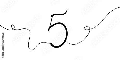 Number 5 line art drawing on white background. 5th birthday. Minimal vector illustration