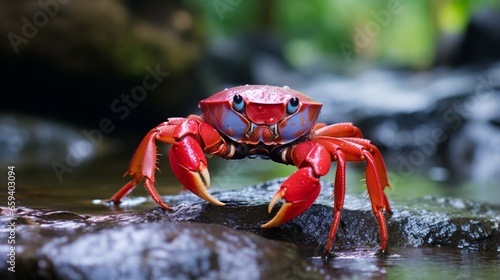 Female red land crab One of the most gorgeous fresh water crabs in the world, found solely on the island.Crabs that are also known as Fire-Red crabs or Waterfalls crabs. 
