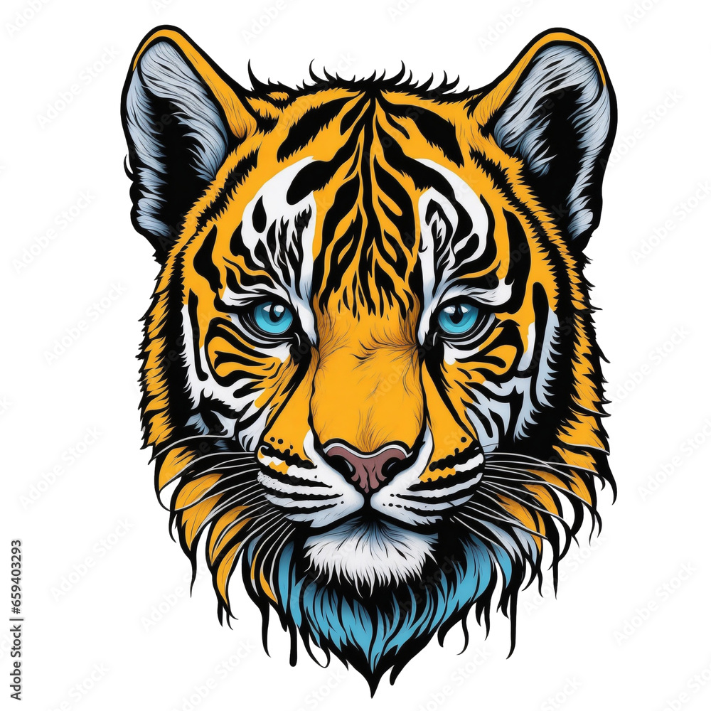 Naklejka premium A Tiger cub t-shirt design capturing a moment of hunting prowess, graffiti, vector sticker art, t-shirt design, Generative Ai