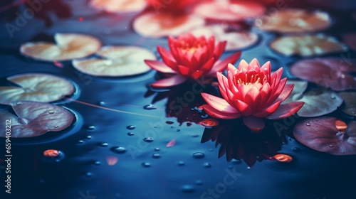 a red lotus water lily blooming on the water's surface with dark blue leaves toned, a purity nature background, an aquatic plant, and a symbol .