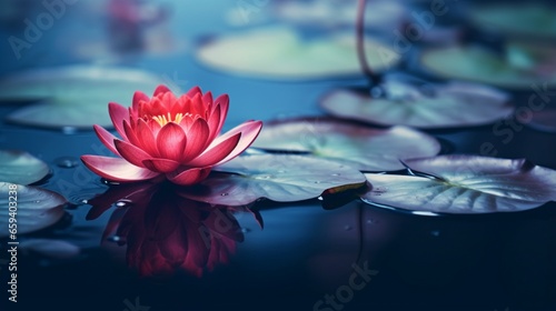 a red lotus water lily blooming on the water s surface with dark blue leaves toned  a purity nature background  an aquatic plant  and a symbol .