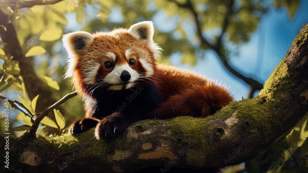 Fototapeta premium Red panda on a tree in the forest
