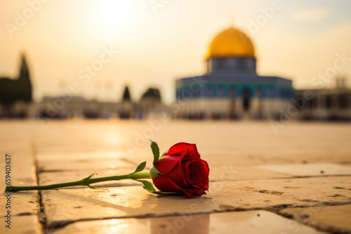 Red rose on the background of the dome of the mosque at sunset. 