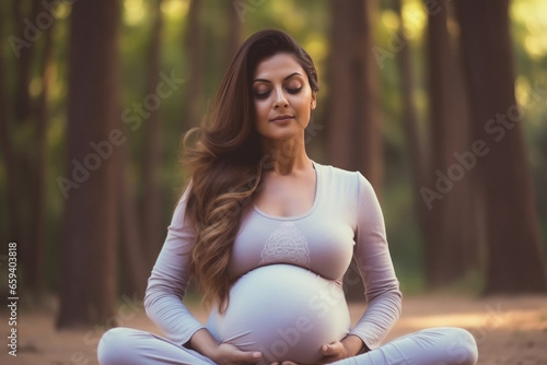 Young pregnant woman doing yoga at park