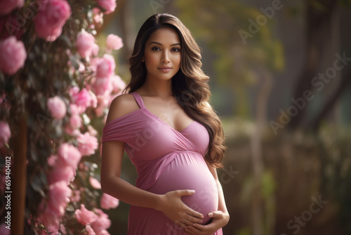 Indian pregnant woman holding hands on her stomach and feeling happy