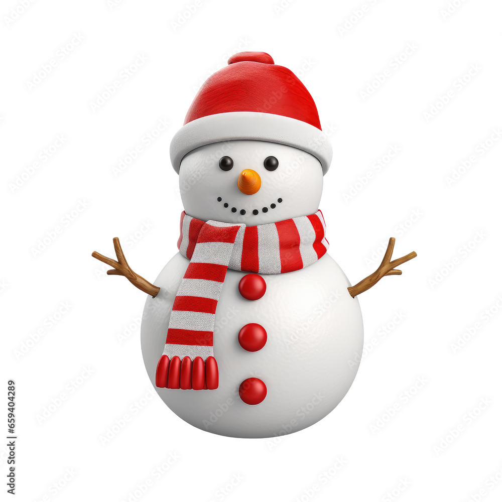 Cute snowman in 3D cartoon style isolated  on transparent background