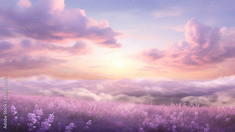  a painting of a sunset over a field of lavender flowers.  generative ai