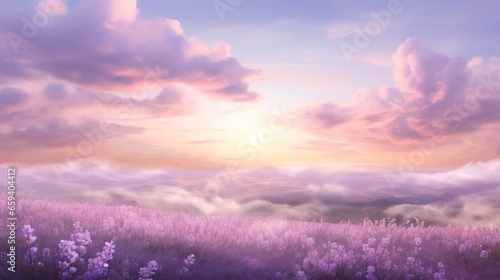  a painting of a sunset over a field of lavender flowers. generative ai
