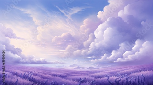  a painting of a lavender field with clouds in the sky.  generative ai