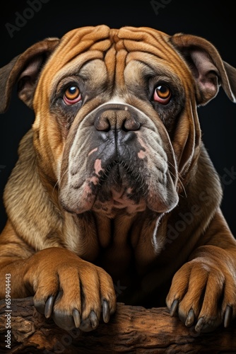 Contented Bulldog sitting with a wrinkled expression, Generative AI © fahmy