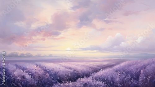  a painting of a lavender field with a sunset in the background. generative ai