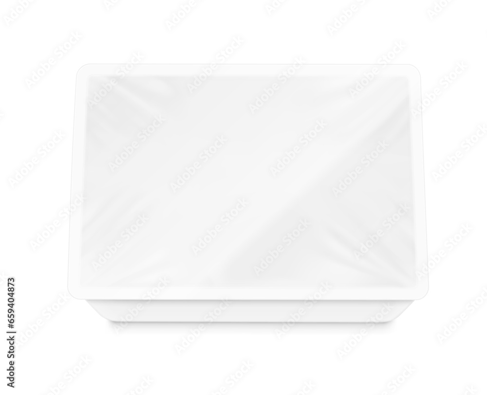 Clean tray container mockup. Vector illustration isolated on white background. Layered template file easy to use for your promo product: meat of animals, chicken, fish. EPS10 Clean tray container mockup. Vector illustration isolated on white background. Layered template file easy to use for your promo product: meat of animals, chicken, fish. EPS10