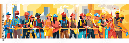 Builders and construction workers in helmets. Diverse people working in building industry, architect, painter, engineers and repairman isolated line art flat vector illustration. Generative Ai © tong2530