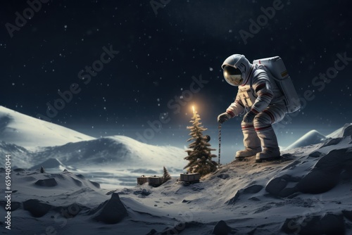 Foto an astronaut celebrates the New Year in space, a Christmas tree in zero gravity,