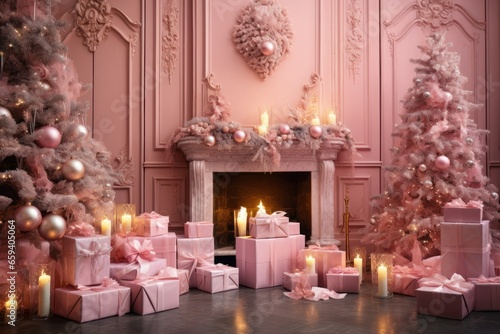 pink festive interior for Christmas, candles, gifts and Christmas tree, New Year