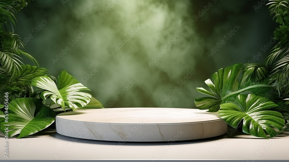 Natural stone and concrete podium in natural green background for product presentation. Natural stone and concrete podium in natural green background for product presentation.