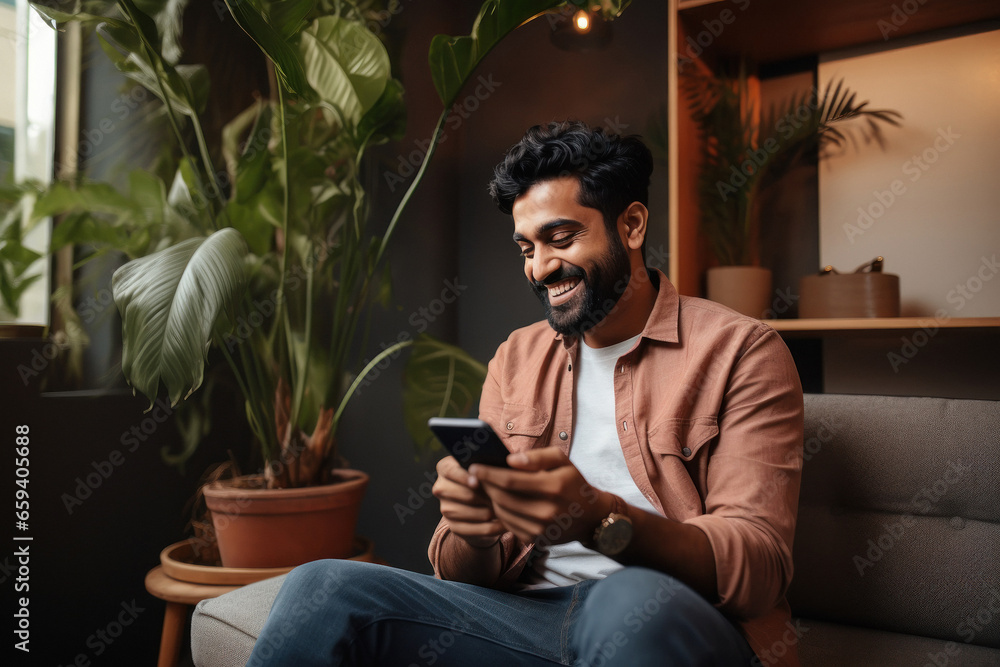 young indian man using smartphone at home young indian man using smartphone at home