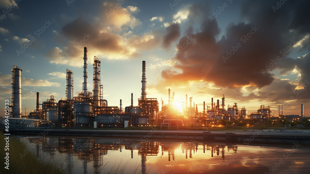 Oil refinery with evening sunlight.