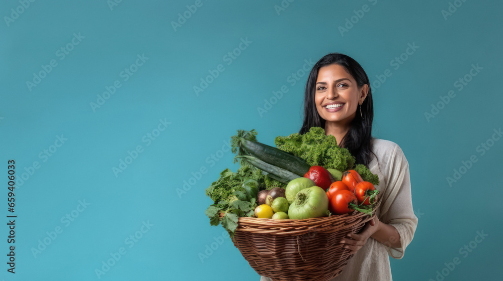 Young woman holding a basket full of fresh fruits and vegetables Young woman holding a basket full of fresh fruits and vegetables