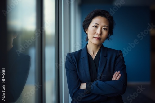 smart elegance female adult businesswoman standing smile confident and cheerful wear formal suit portrait shot in modern interior office background