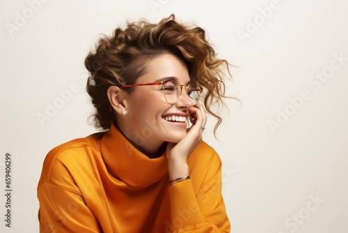 optimist adult female woman smiling happiness casual cloer and glasses positive thinking attitude studio shot on backdrop portrait shot photo