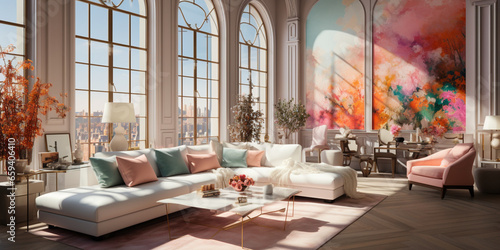 Interior Design Luxurious modern Living room  minimal tall window  Cozy sofa  serene nature scenery  Elegant villa