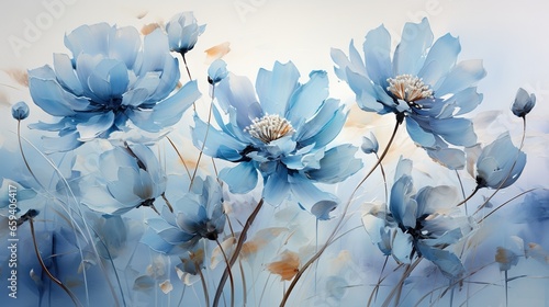  a painting of blue flowers on a white background with a blue sky in the background.  generative ai
