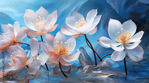  a group of white flowers floating on top of a body of water.  generative ai