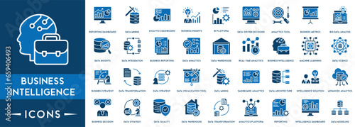 Business Intelligence icon vector line set. Contains linear outline icons like Data Visualization, Data Management and Analysis, Analytic Service, Risk Management, Strategy.
