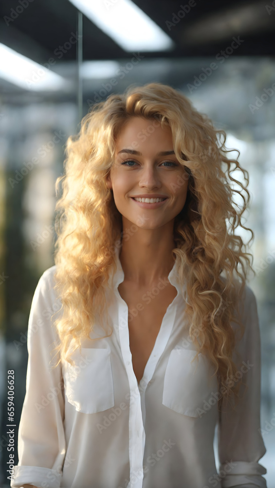 portrait of a smiling blonde with long curly hair