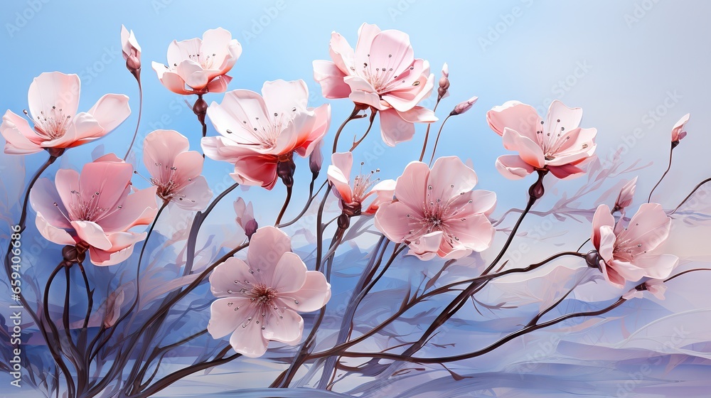  a bunch of pink flowers on a blue and white background.  generative ai