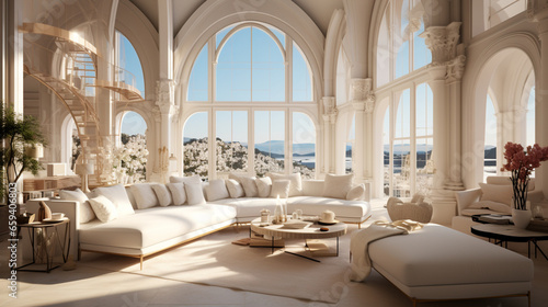 Interior Design Luxurious modern Living room, minimal tall window, Cozy sofa, serene nature scenery, Elegant villa