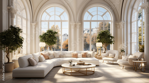 Interior Design Luxurious modern Living room  minimal tall window  Cozy sofa  serene nature scenery  Elegant villa