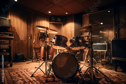 AI generative image of drum set in warm-lit studio photo