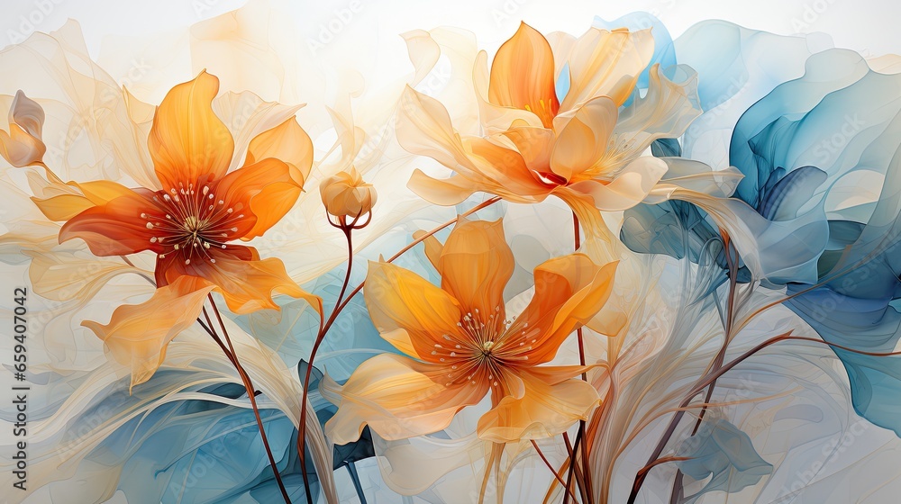 a painting of orange flowers on a white background with blue and yellow petals.  generative ai