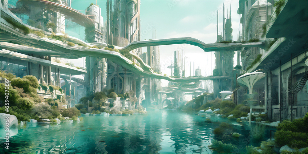 Futuristic city with sprawling infrastructure and intense urban development