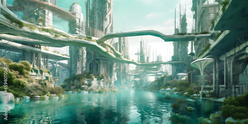 Futuristic city with sprawling infrastructure and intense urban development