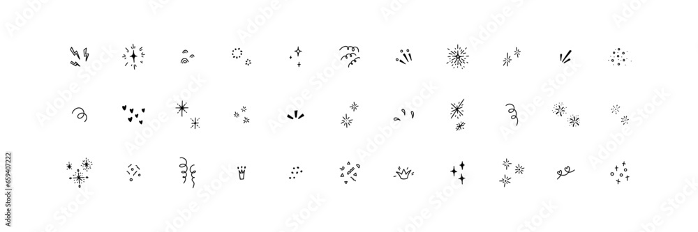 Set of cute line doodle elements for birthday, anniversary, Christmas, party kids and children invitation, poster, decoration. Lightning, explosion, sunburst, fireworks, bling, motion effects Set of cute line doodle elements for birthday, anniversary, Christmas, party kids and children invitation, poster, decoration. Lightning, explosion, sunburst, fireworks, bling, motion effects