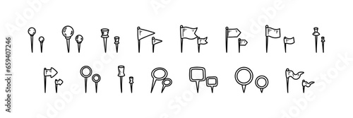 Push pin doodle set. Location, paper, document, dashboard, sewing note, map pins and flags. Hand drawn sketch vector illustration. Navigation thumbtack. Needles for fixing paper