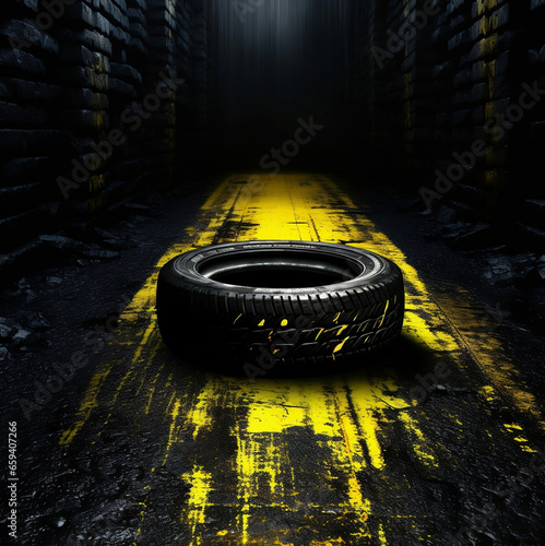 Automotive background with yellow tire track in a style of urban decay.