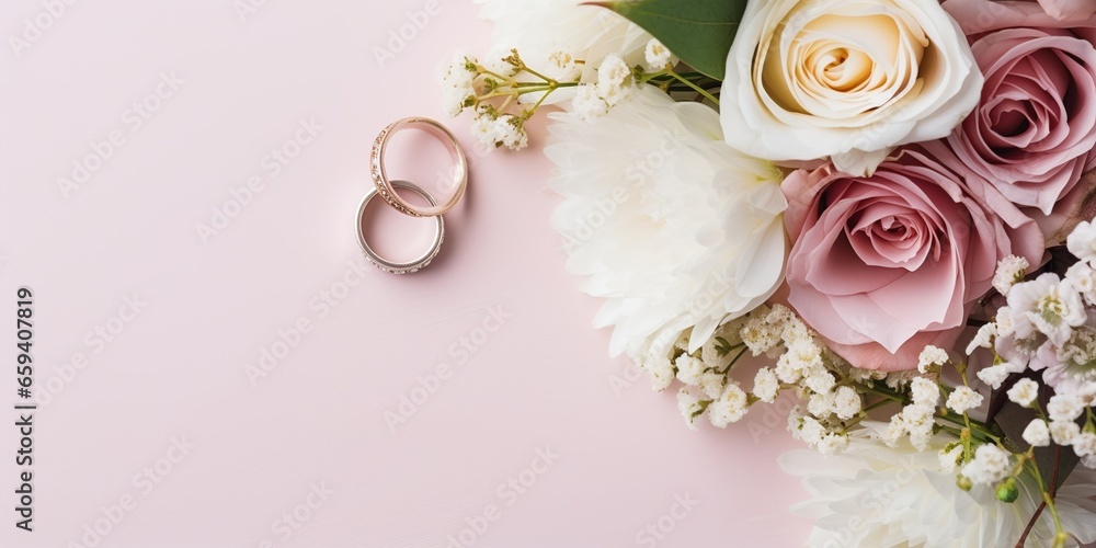 A beautifully arranged flat lay featuring a delicate bridal bouquet and gleaming wedding rings, providing ample empty space for customized text or designs. A beautifully arranged flat lay featuring a delicate bridal bouquet and gleaming wedding rings, providing ample empty space for customized text or designs.