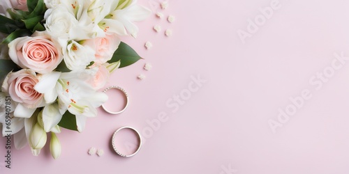 A beautifully arranged flat lay featuring a delicate bridal bouquet and gleaming wedding rings, providing ample empty space for customized text or designs. photo